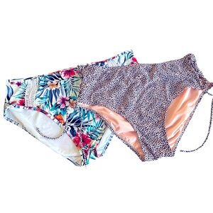 Set of 2 Bikini Bottoms, Floral Jungle s/ Crochet Detail  & Cheetah 2X